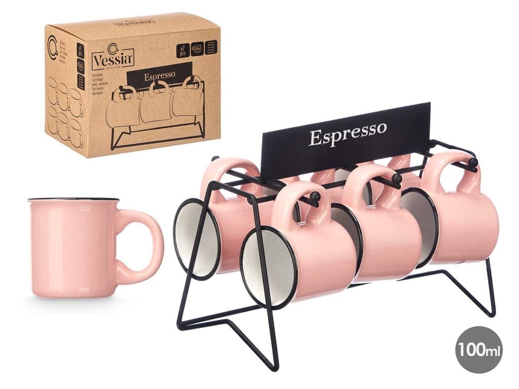 Set 6 tazas cafe rosa soporte 100ml