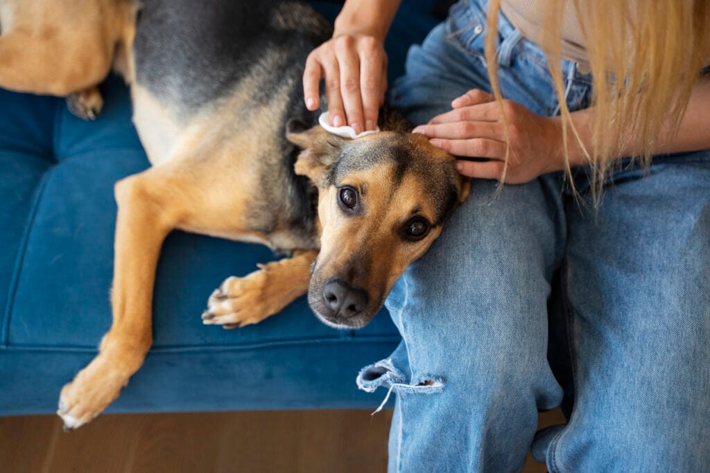 top view woman cleaning dog